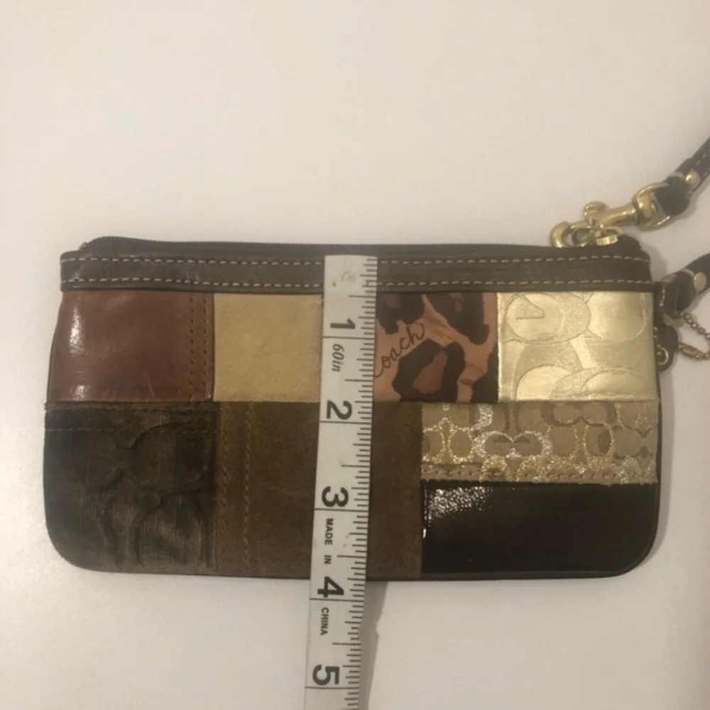 Coach brown multi texture patchwork wristlet bag